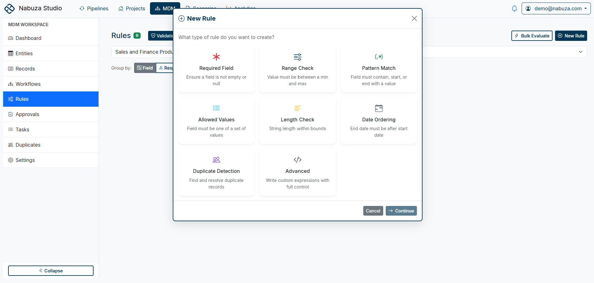 Controlled master data in Nabuza